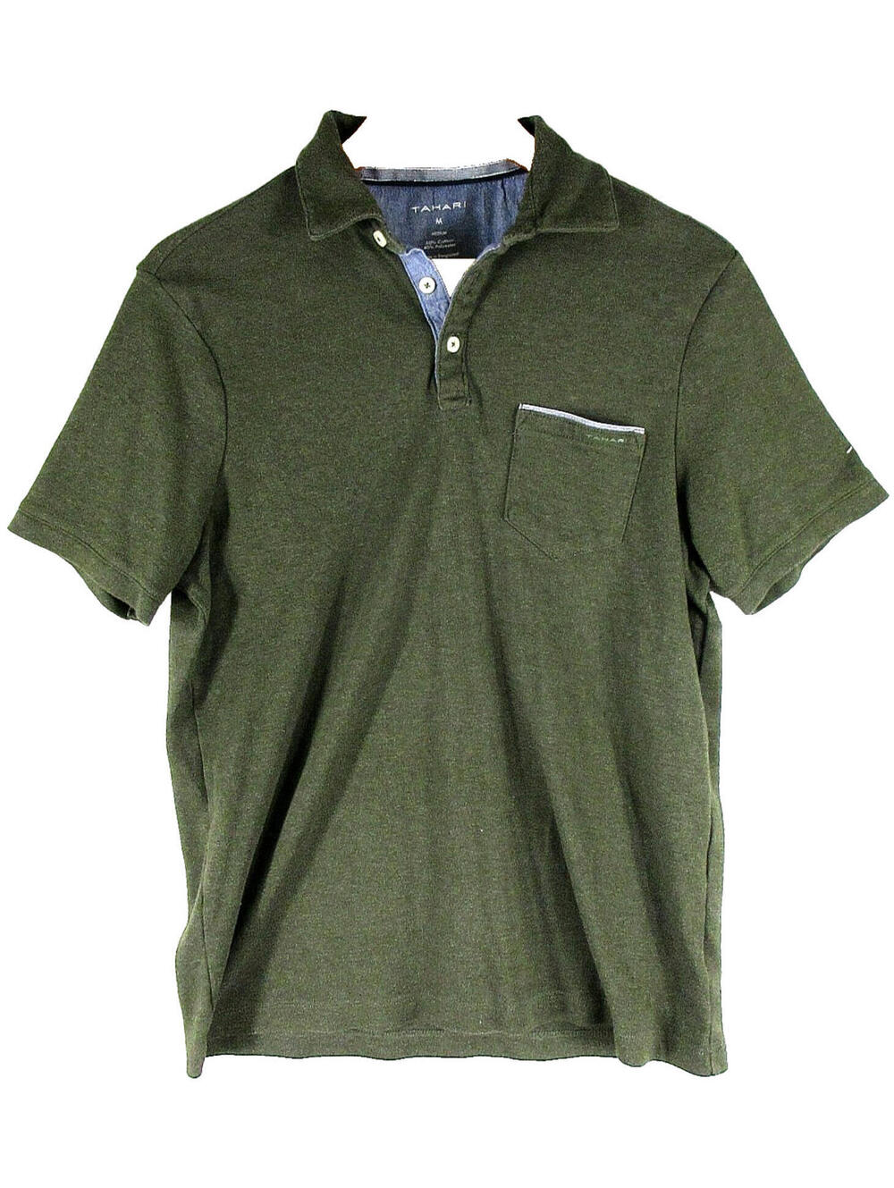 Tahari Mens Button Front Polo Shirt Short Sleeve Pockets Size M Olive Green